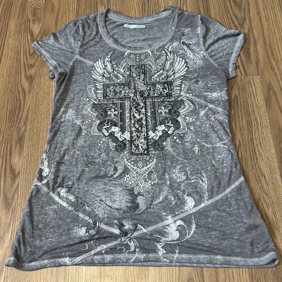 Flowy Y2K Womens Gray Cross Wings Graphic Tunic Tee Shirt Top Size L - Picture 5 of 6
